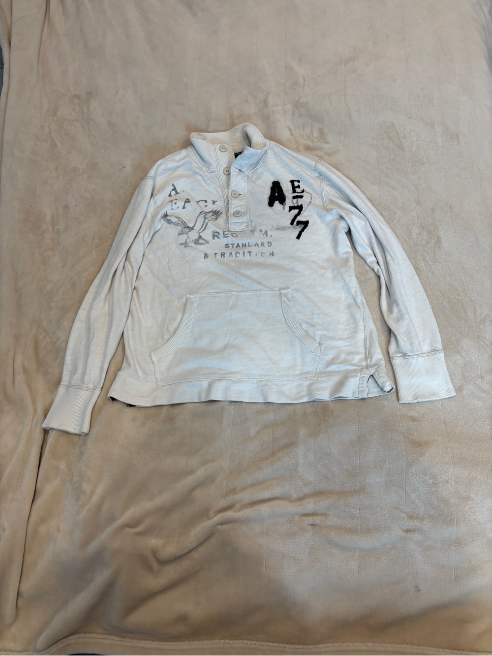 American Eagle White Graphic Pullover Sweater with Henley Collar